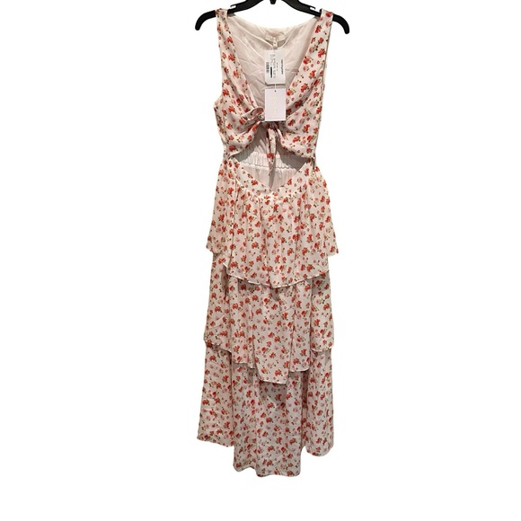 Wayf Jaci Tie Front Cutout Floral Midi Dress Tiered Skirt White Pink M NWT - Picture 2 of 7